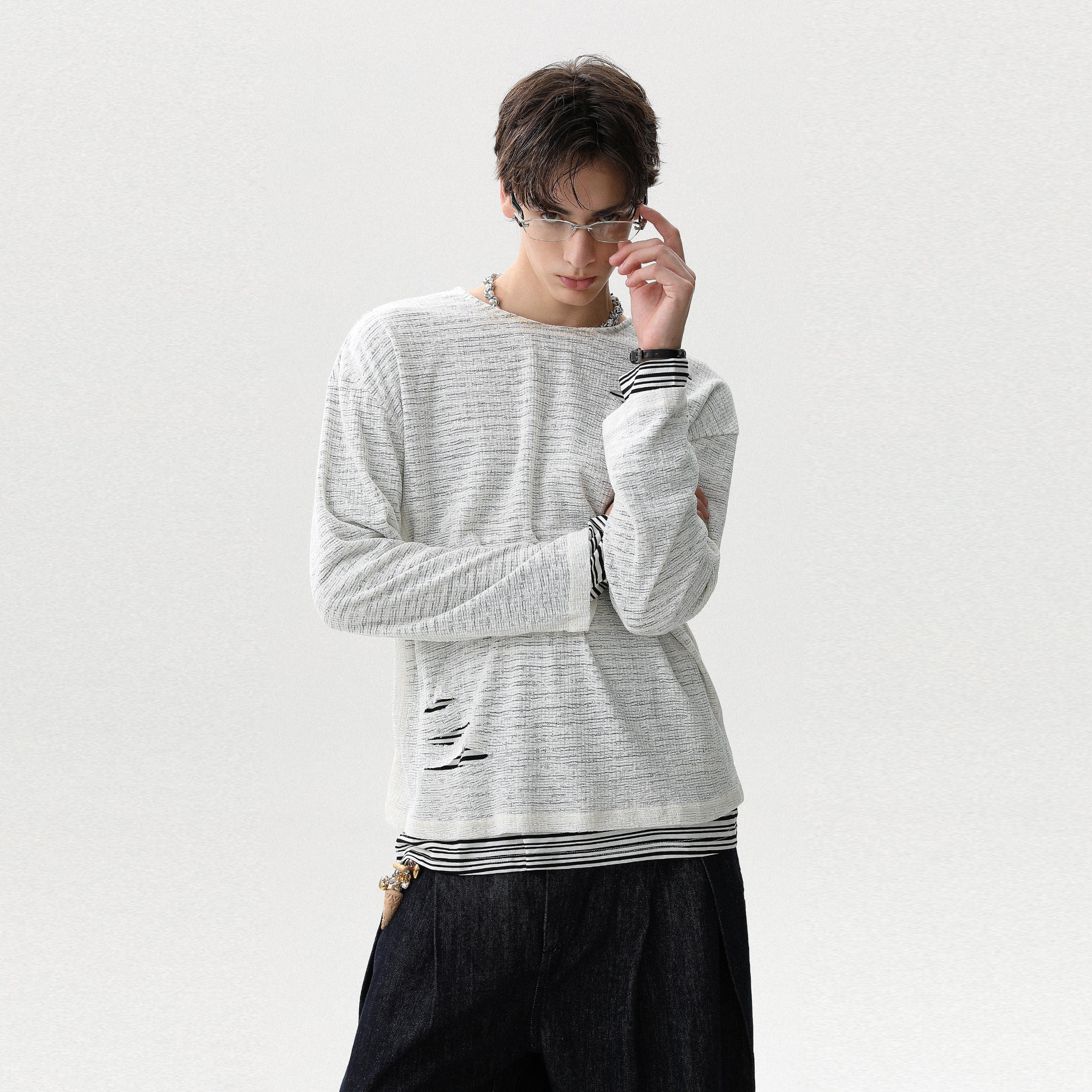 美式破坏风条纹假两件长袖T恤男