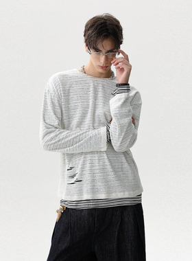 MRNEARLY 美式破坏风条纹假两件长袖T恤男女休闲痞帅高街早秋上衣