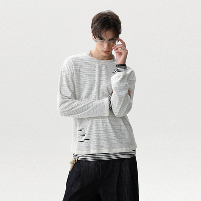 美式破坏风条纹假两件长袖T恤男