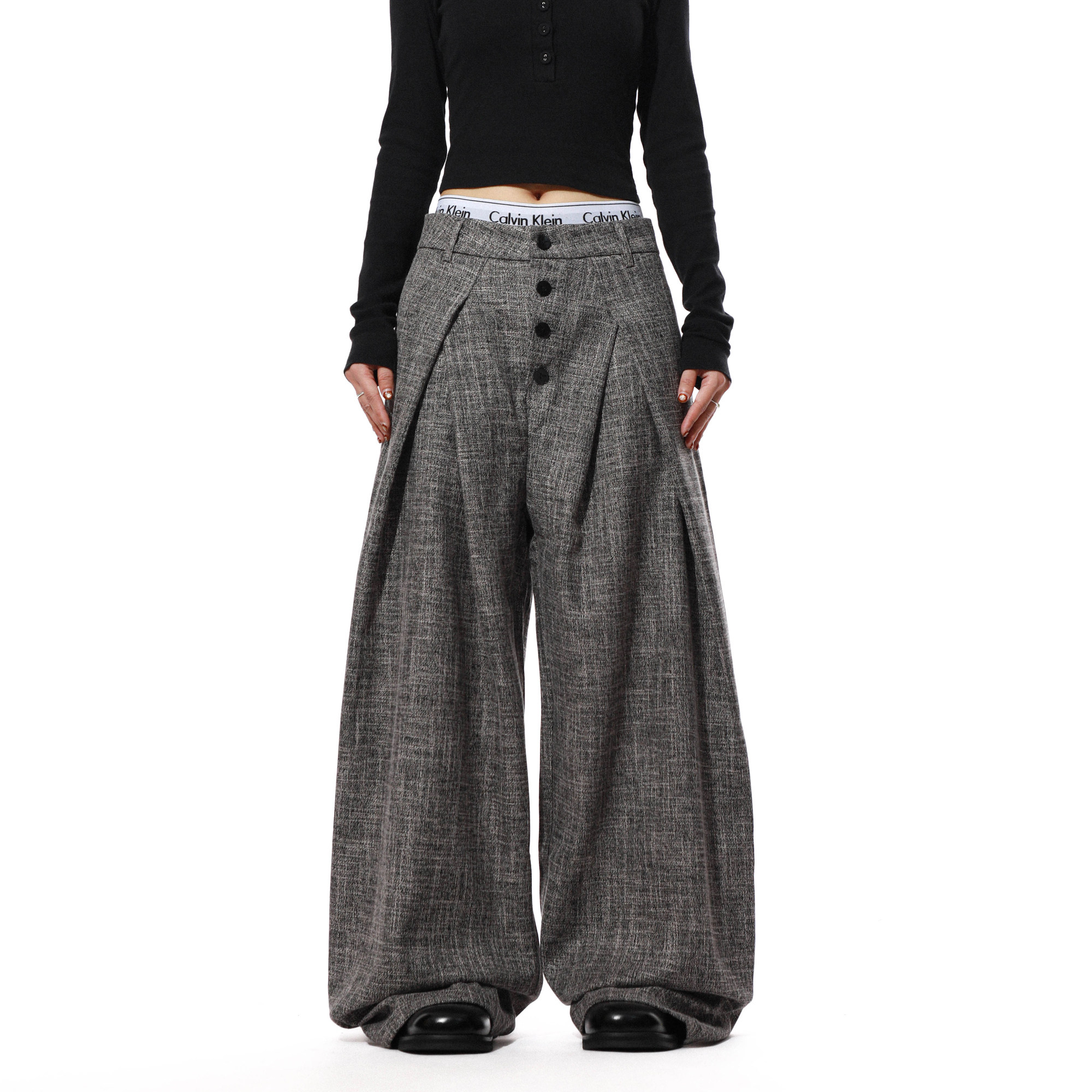 美式老钱风排扣打褶西裤