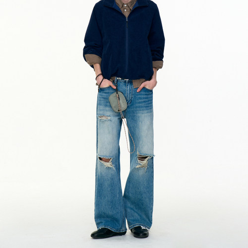 美式复古磨坏破洞直筒牛仔裤