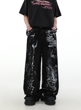 MRNEARLY小众设计感涂鸦美式牛仔裤男直筒阔腿裤宽松欧美高街裤子