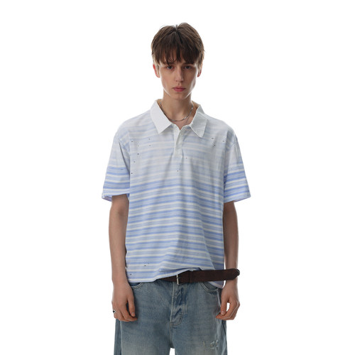 美式复古条纹撞色破洞短袖POLO衫