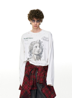 MRNEARLY 美式高街破洞长袖T恤男秋季欧美潮牌宽松休闲情侣装上衣