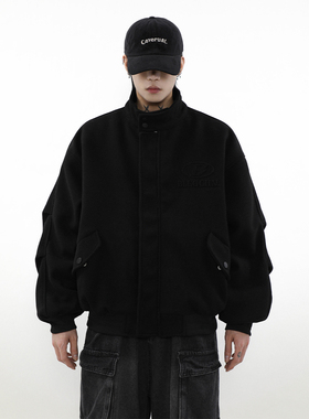 MRNEARLY美式复古毛呢立领飞行员夹克棉服男冬季加绒加厚外套男潮