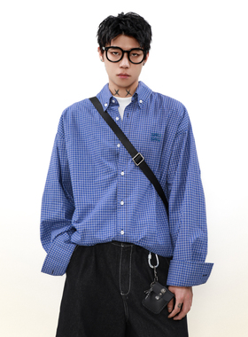 MRNEARLY美式复古休闲蓝色格子慵懒风衬衫男长袖痞帅衬衣秋季外套