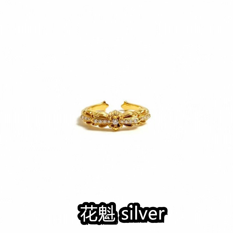 花魁 silvers925银镀22k真金镶钻窄开口十字花戒指女情侣款指环