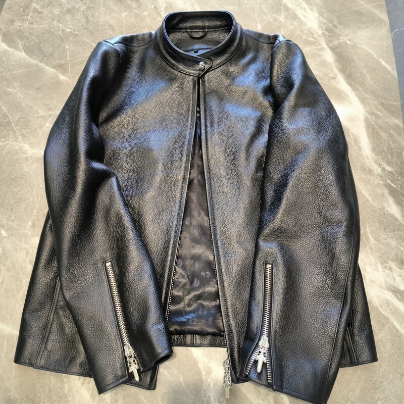 花魁silver925纯银配件素面黑色Racing Jacket进口胎牛皮机车皮衣