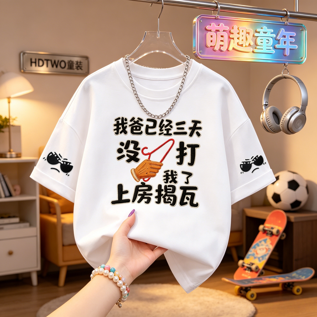 我爸三天没打我男女童夏季棉短袖T恤趣味印花休闲百搭宽松半袖衣