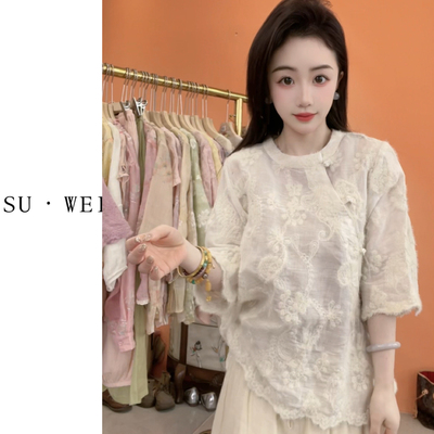 苏维原创新中式夏季苎麻刺绣宽松斜襟百搭防晒衬衫1313