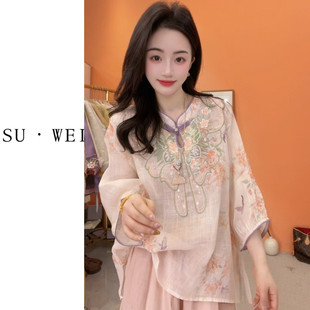 新中式夏季苎麻刺绣宽松斜襟衬衫国风百搭上衣20313