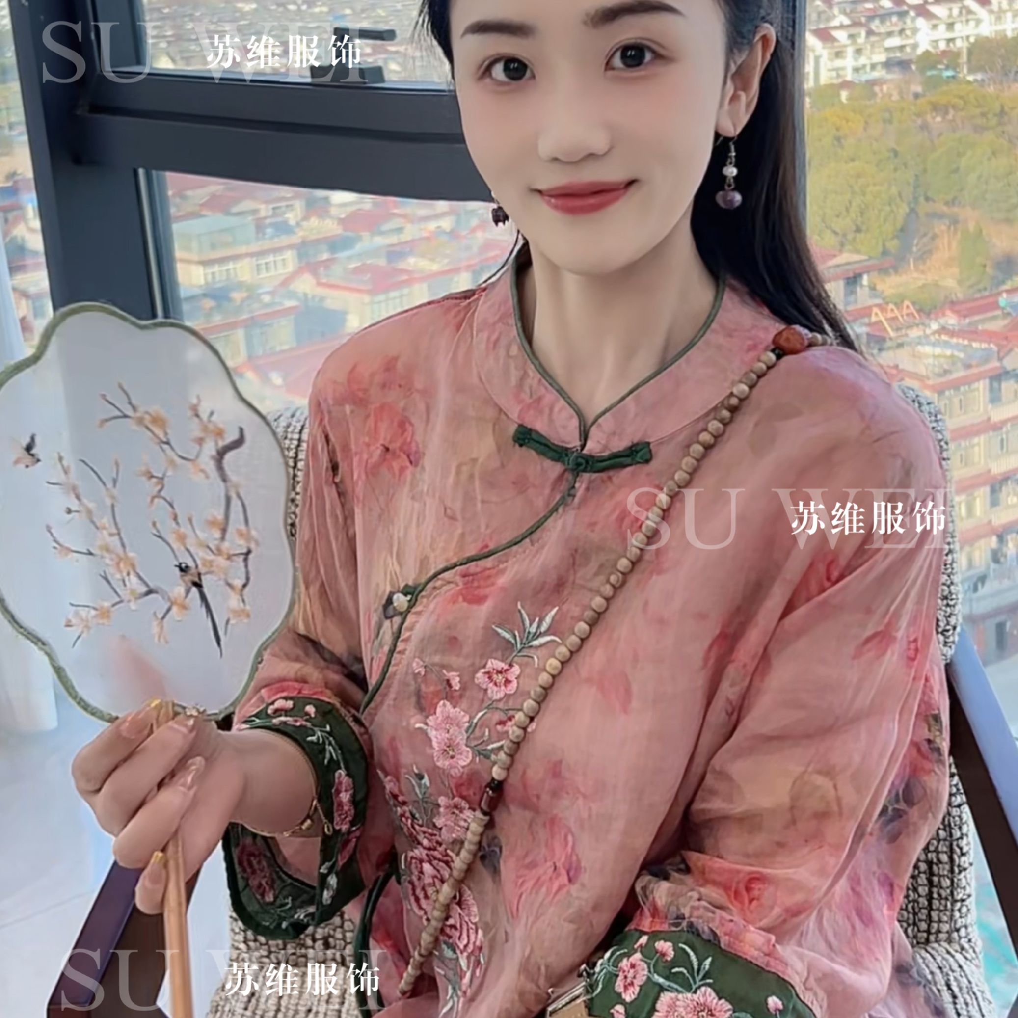 1801新中式宽松苎麻刺绣小衫圆领碎花长袖上衣