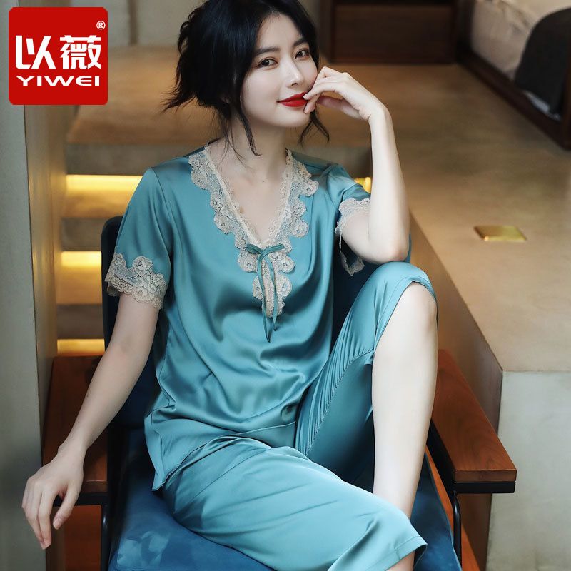 冰丝绸睡衣女夏季薄款短袖七分裤大码性感新款丝绸家居服宽松套装