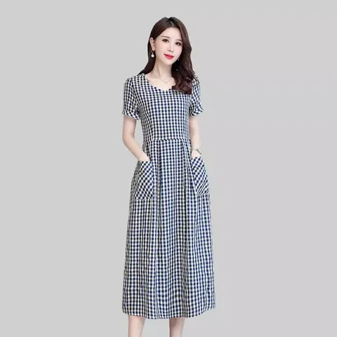 新款高端甜美棉麻气质大码连衣裙印花夏天妈妈长裙子2025女装中年