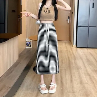 黑白中長裙復古春季 2024高腰a字開叉顯瘦條紋半身裙 女直筒裙新款