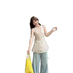 碎花夏季 女背心吊带无袖 甜美领设计感挂脖小上衣刺绣衬衫