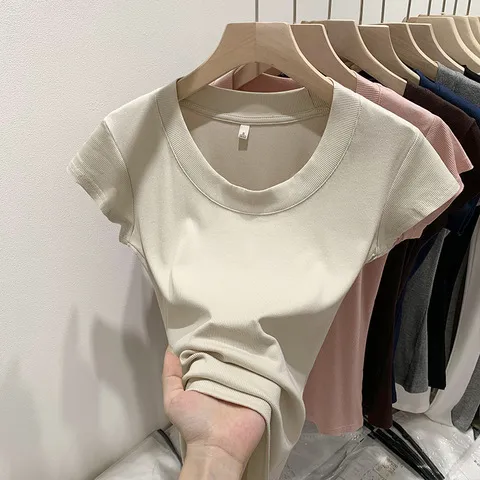 t恤短袖新款潮上衣修身肩低圆领小个子正夏季纯色女装2025设计感