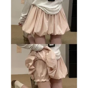粉色防走光花苞夏 冰丝短裙高腰蓬蓬裙女半身裙小个子显瘦a字薄款