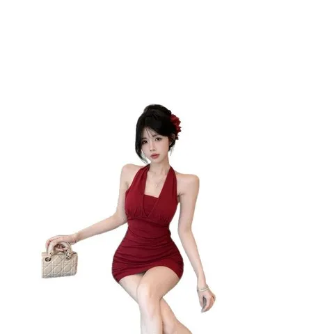 吊带裙连衣裙女装欲链条性感名媛风挂脖纯收腰晚礼服绑带露背夏季