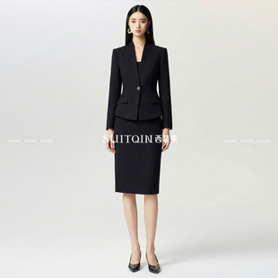 SUITQIN西装秦黑色毛呢西装裙子两件套职业套装前台接待工作服冬