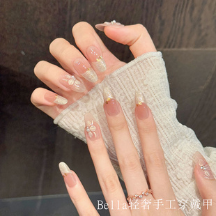 雕花手工穿戴甲高级温柔气质美甲贴 冰透溜边法式 新款 奶油山茶