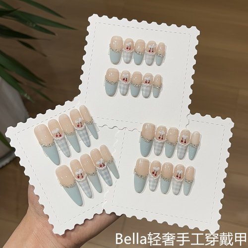 雾霾蓝法式樱桃裙卷边格纹穿戴甲