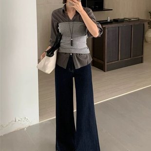 9530 高腰显瘦弹力普洗蓝阔腿筒喇裤 2025年春新款 SMX牛仔裤