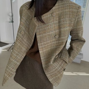 毛呢外套女 复古格纹双排扣短款 已出货 韩国东大门秋冬新款