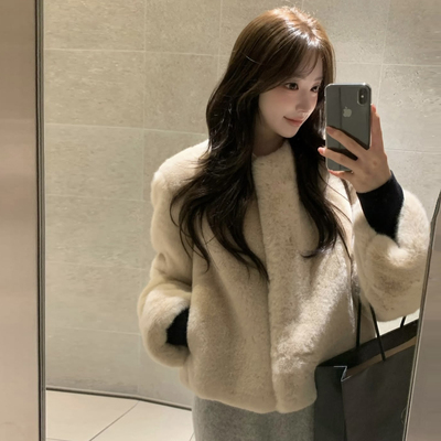 尺寸已更新 小个子环保皮草复古时髦皮毛一体仿水貂毛毛绒短外套