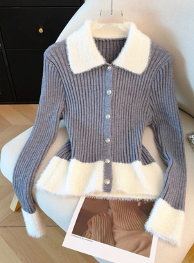 26春款韩版清新撞色翻领单排扣设计感弹力修身显瘦百搭针织上衣女