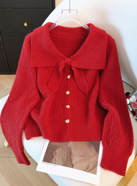 2026春款红色跨年穿搭设计感毛衣开衫女短款针织衫