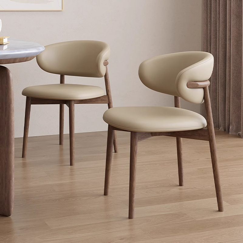 宋式美学意式极简真皮实木餐椅原木风 棉麻布艺餐椅 餐凳岛台椅子