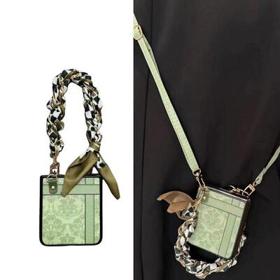 复古潮牌绿色印花丝巾手提适用手机壳华为Pocket2保护壳oppofindn3/2flip折叠屏vivoXflip斜挎三星Zflip6/5女