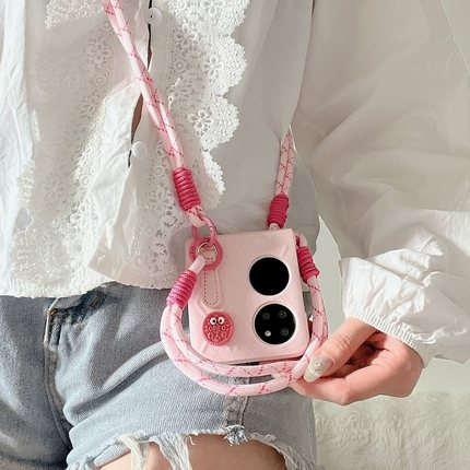 适用华为pocket2手机壳p50pockets新款折叠屏斜挎保护壳nova flip折叠全包新品皮纹粉色手提绳外壳卡通壳女款