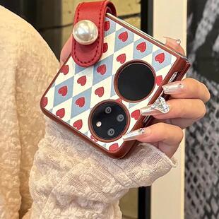 ins菱格红爱心适用华为pocket2手机壳新款奢华珍珠腕带p50pocket女款手提带宝盒折叠屏OPPO FindN3Flip保护套