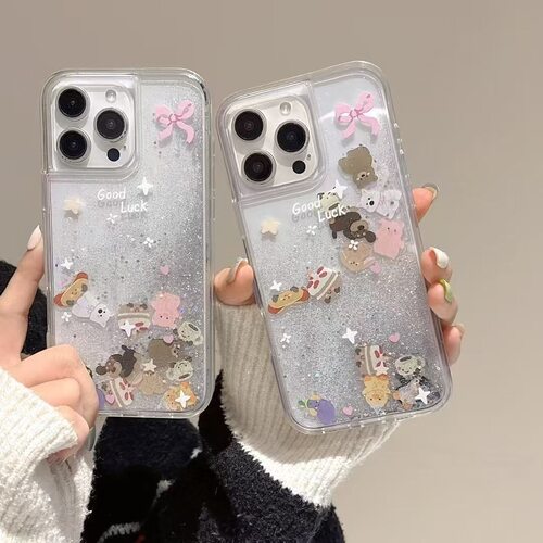 新款闪粉流沙网红小动物家族适用苹果17promax手机壳iPhone16新款15pro个性女款14高级感13透明硬壳12保护套