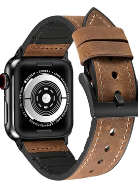 适用苹果手表真皮Applewatch765表带疯马棕纹iwatch8/4SE硅胶贴皮