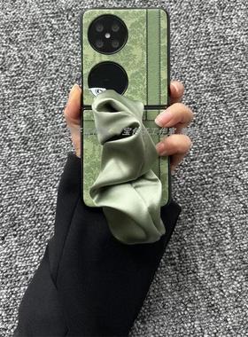 复古印花绿色绸布手腕带适用华为pocket2/S手机壳oppofindn3/2flip折叠屏vivoXflip翻盖三星Zflip6/5/4女p50