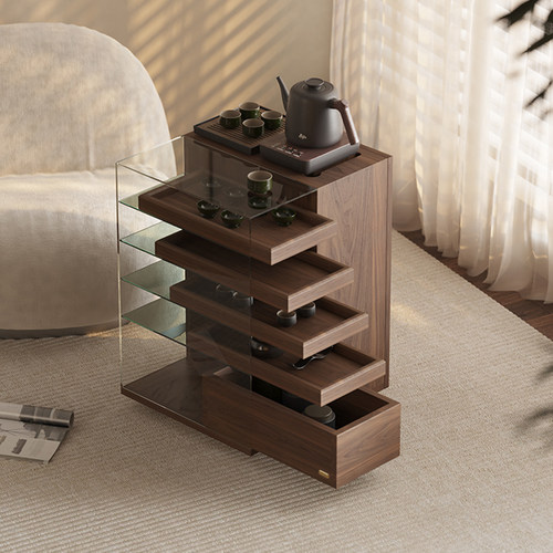 实木煮茶茶台茶水柜可移动沙发边柜客厅黑胡桃木展示柜茶桌