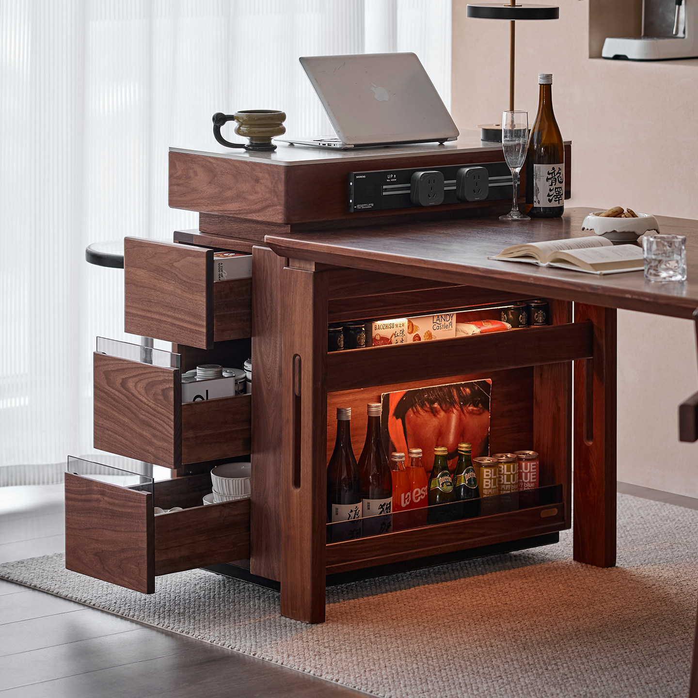 色格实木窄岛台黑胡桃木餐厅客厅酒柜吧台多功能小型家用餐边柜,住宅家具,岛台,淘宝优惠券,粉丝福利购,淘宝优惠卷
