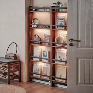 色格实木门后超薄书架多层绘本架黑胡桃木置物架一体免打孔收纳架