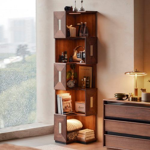 色格中古风黑胡桃木转角书架