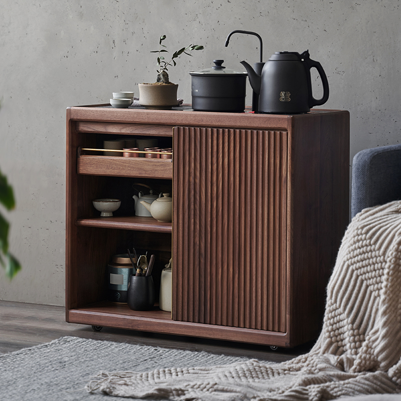 色格新中式可移动黑胡桃木茶水柜