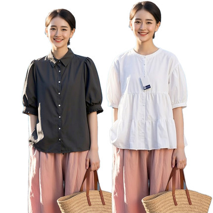 *周道*外单日本经典泡泡袖灯笼袖宽松百搭短袖女衬衫显瘦通勤两穿
