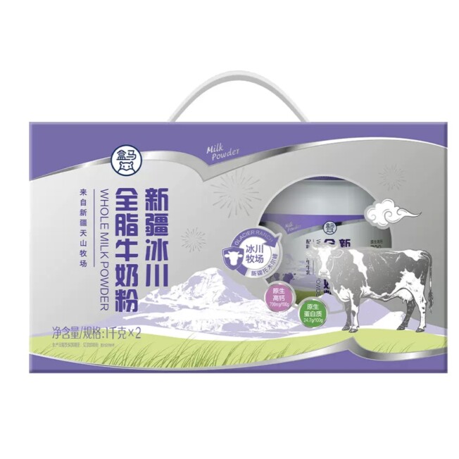 盒马代购新疆冰川全脂牛奶粉1kg*2
