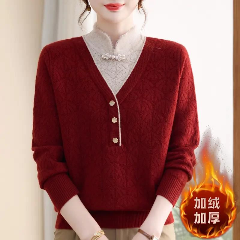 和满堂妈妈装旗袍领一体绒保暖打底衫2025新款中老年女装加厚毛衣