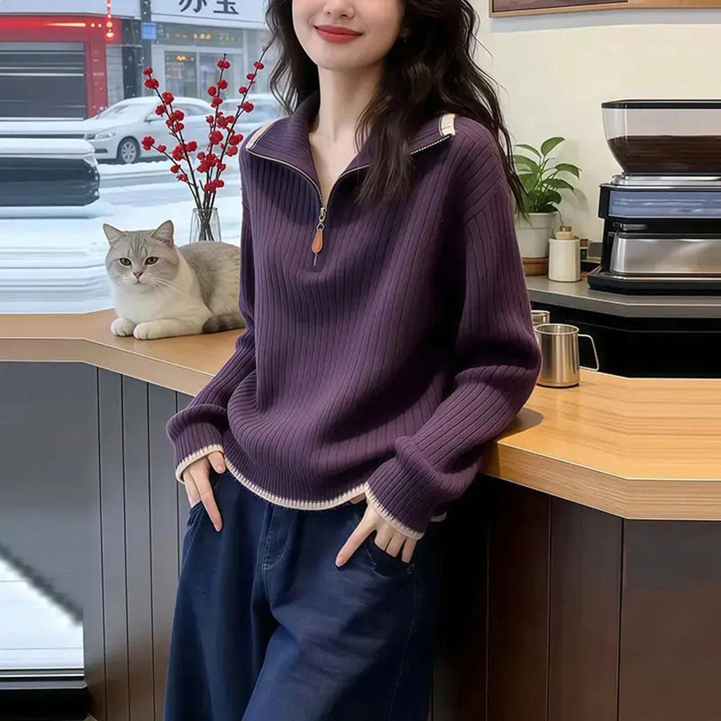 铂瑾葡萄紫翻领半拉链毛