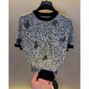 点击率男装专卖店高档圆领提花冰丝短袖T恤男士夏季时尚透气体恤