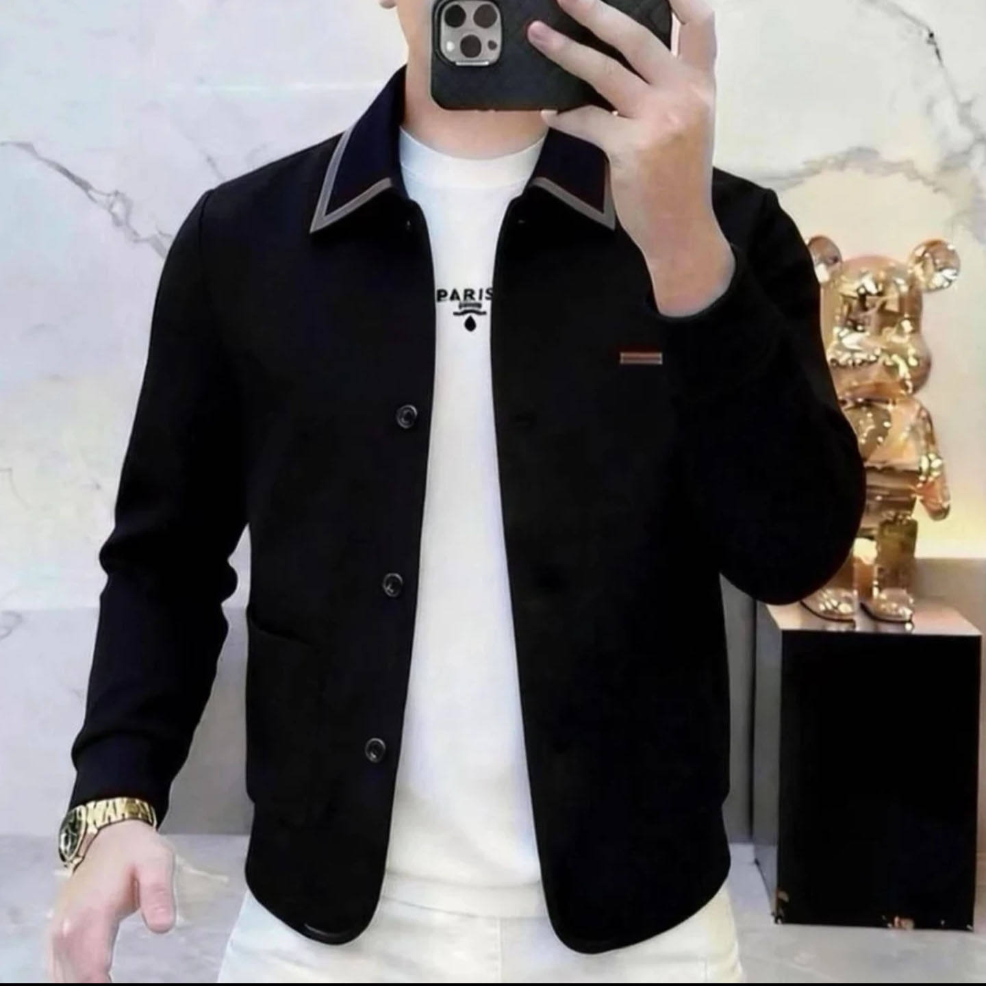 天骏百货时尚男装飞行员外套春款翻领纽扣上衣男士百搭轻奢夹克潮