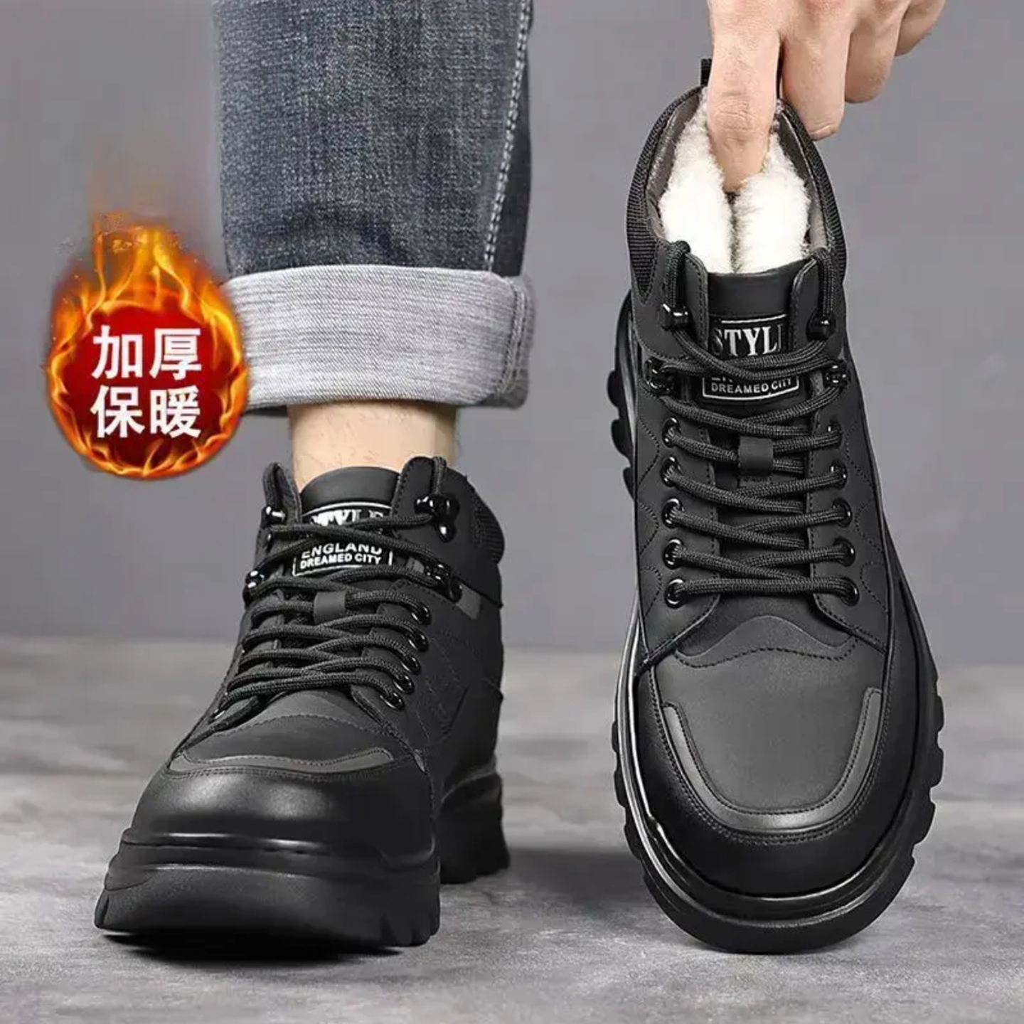 宏商甄选男鞋2025秋冬季新款休闲棉鞋男士软皮加绒加厚保暖马丁靴
